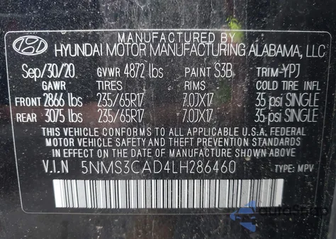 2020 Hyundai Santa Fe Sel from USA, damaged, VIN 5NMS3CAD4LH286460